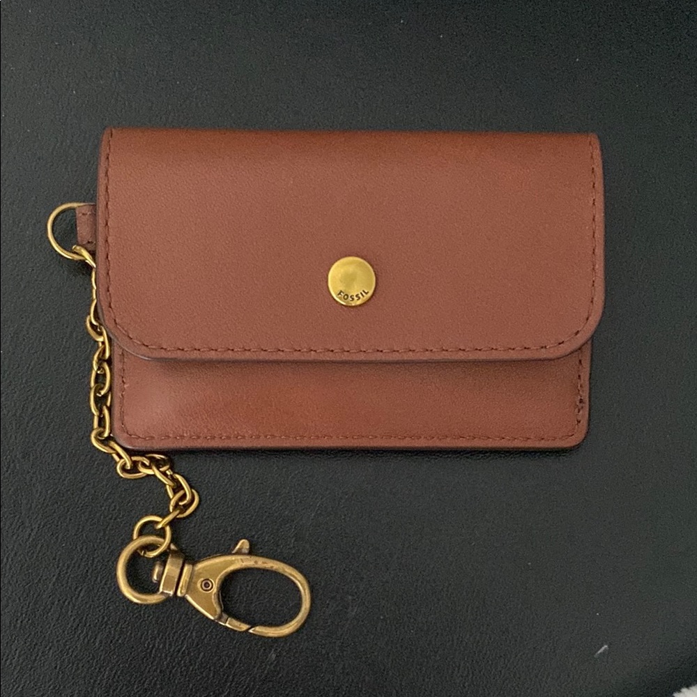 Fossil Brown Leather Key Card Wallet with Chain